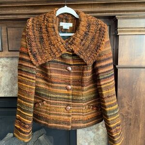 Woven Dream Designs earth tones heavy wool shawl cardigan sweater jacket size L
